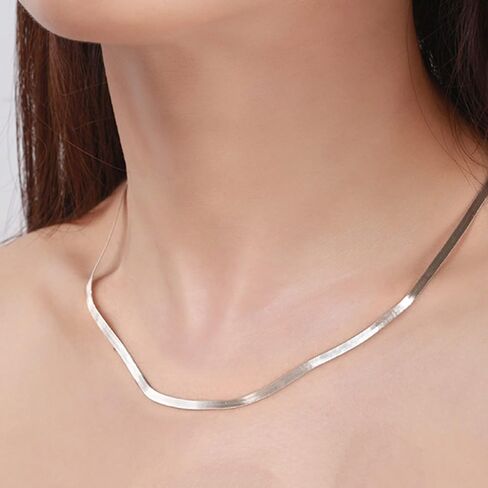 قلادة من الذهب الأصفر عيار 18 قيراط أو سلسلة متعرجة مسطحة مطلية بالروديوم عيار 925 | طول 16 أو 18 بوصة | بعرض 3.0 ملم أو 4.5 ملم in Kuwait