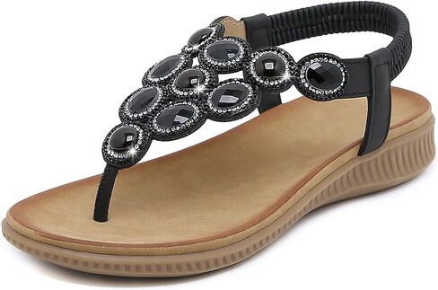 صنادل ZOEREA النسائية المسطحة الصيفية المريحة والصنادل ذات الوجه بالتخبط وحجر الراين أحذية الشاطئ البوهيمية in Kuwait