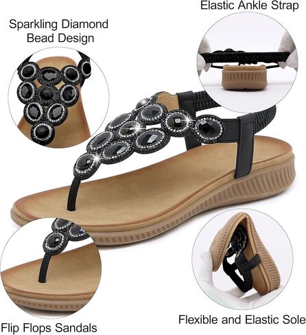 صنادل ZOEREA النسائية المسطحة الصيفية المريحة والصنادل ذات الوجه بالتخبط وحجر الراين أحذية الشاطئ البوهيمية in Kuwait