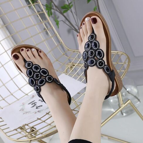 صنادل ZOEREA النسائية المسطحة الصيفية المريحة والصنادل ذات الوجه بالتخبط وحجر الراين أحذية الشاطئ البوهيمية in Kuwait