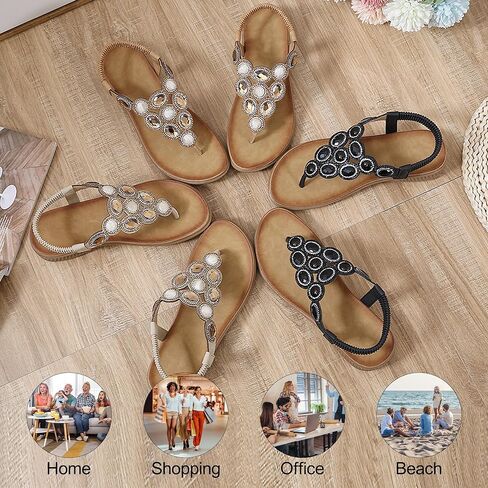 صنادل ZOEREA النسائية المسطحة الصيفية المريحة والصنادل ذات الوجه بالتخبط وحجر الراين أحذية الشاطئ البوهيمية in Kuwait