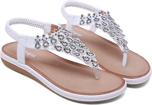 Ulogu صنادل مسطحة نسائية أنيقة أحذية الشاطئ الصيفية كاجوال مريحة بوهو حجر الراين ثونغ الوجه بالتخبط مع أشرطة مرنة in Kuwait