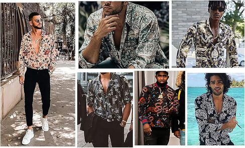 HISDERN الرجال لامعة الذهب الوردي قمصان ملهى ليلي الأزهار ملابس منقوشة بكم طويل قمصان 70s بيزلي زر أسفل قميص الحفلات in Kuwait