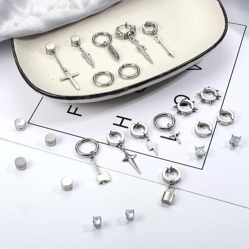 Thunaraz الأقراط المغناطيسية السوداء للرجال الأقراط وهمية تشيكوسلوفاكيا المغناطيس الأقراط الصليب هوب استرخى كليب على الأقراط للرجال النساء مجوهرات غير مثقوبة in Kuwait