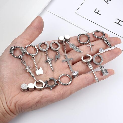 Thunaraz الأقراط المغناطيسية السوداء للرجال الأقراط وهمية تشيكوسلوفاكيا المغناطيس الأقراط الصليب هوب استرخى كليب على الأقراط للرجال النساء مجوهرات غير مثقوبة in Kuwait