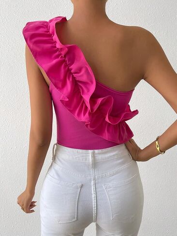 SHENHE Women's Ribbed Knit One Shoulder Ruffle Trim Tank Top Sleeveless Bodysuit in Saudi Arabia