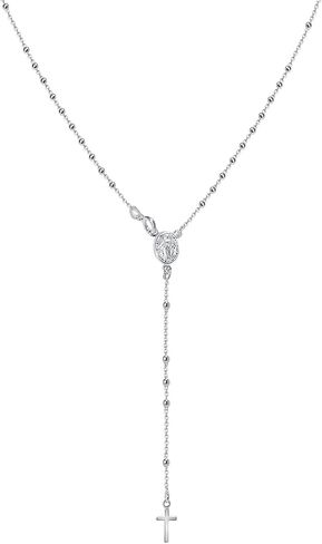 925 Sterling Silver Italian 2.5mm Bead Cross 18 Inch Rosary Chain Necklace for Women,Religious Catholic Jewelry, Sterling Silver, No Gemstone in Saudi Arabia
