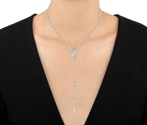 925 Sterling Silver Italian 2.5mm Bead Cross 18 Inch Rosary Chain Necklace for Women,Religious Catholic Jewelry, Sterling Silver, No Gemstone in Saudi Arabia