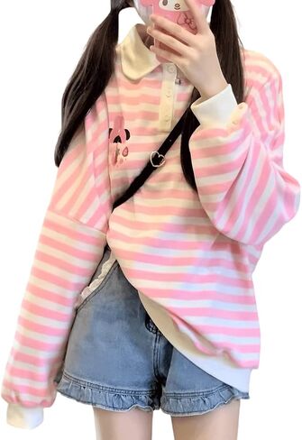 Kawaii Harajuku باستيل القوطي نمط بولو طوق كم طويل شريط لطيف الكرتون فتاة طباعة البلوز المحملة القمم in Saudi Arabia