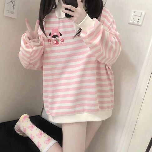 Kawaii Harajuku باستيل القوطي نمط بولو طوق كم طويل شريط لطيف الكرتون فتاة طباعة البلوز المحملة القمم in Saudi Arabia