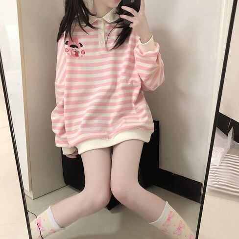 Kawaii Harajuku باستيل القوطي نمط بولو طوق كم طويل شريط لطيف الكرتون فتاة طباعة البلوز المحملة القمم in Saudi Arabia