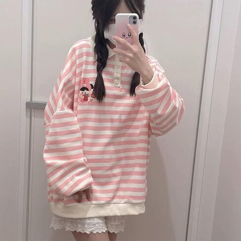Kawaii Harajuku باستيل القوطي نمط بولو طوق كم طويل شريط لطيف الكرتون فتاة طباعة البلوز المحملة القمم in Saudi Arabia