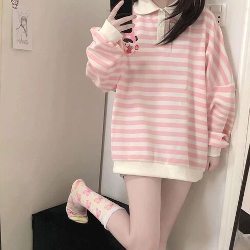 Kawaii Harajuku باستيل القوطي نمط بولو طوق كم طويل شريط لطيف الكرتون فتاة طباعة البلوز المحملة القمم in Saudi Arabia