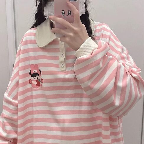 Kawaii Harajuku باستيل القوطي نمط بولو طوق كم طويل شريط لطيف الكرتون فتاة طباعة البلوز المحملة القمم in Saudi Arabia