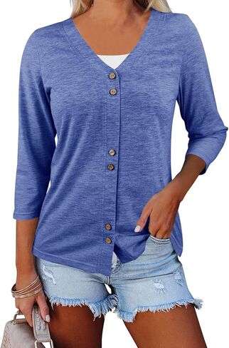 Women's V Neck 3/4 Sleeve T-Shirts Button Down Cardigans Casual Solid Tunic Tops Basic Tees Blouses in Saudi Arabia