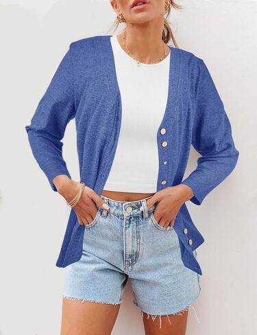 Women's V Neck 3/4 Sleeve T-Shirts Button Down Cardigans Casual Solid Tunic Tops Basic Tees Blouses in Saudi Arabia