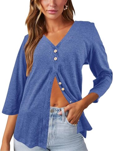 Women's V Neck 3/4 Sleeve T-Shirts Button Down Cardigans Casual Solid Tunic Tops Basic Tees Blouses in Saudi Arabia