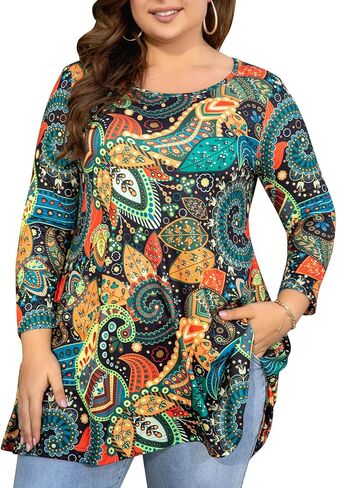Womens Tunic Tops 3/4 Sleeve Plus Size Crew Neck Swing Flare Loose Fit T-Shirt Blouses to Wear with Leggings in Saudi Arabia
