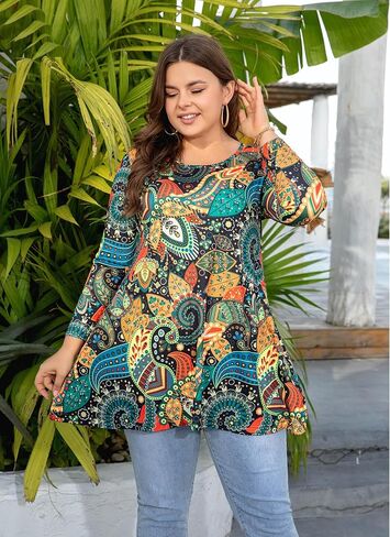 Womens Tunic Tops 3/4 Sleeve Plus Size Crew Neck Swing Flare Loose Fit T-Shirt Blouses to Wear with Leggings in Saudi Arabia