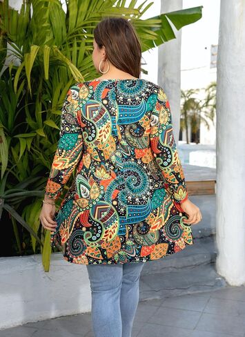 Womens Tunic Tops 3/4 Sleeve Plus Size Crew Neck Swing Flare Loose Fit T-Shirt Blouses to Wear with Leggings in Saudi Arabia