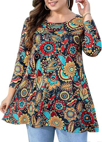 Womens Tunic Tops 3/4 Sleeve Plus Size Crew Neck Swing Flare Loose Fit T-Shirt Blouses to Wear with Leggings in Kuwait