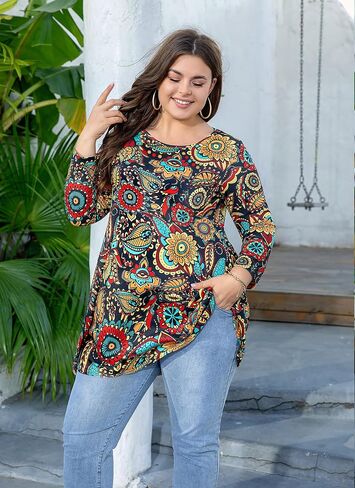 Womens Tunic Tops 3/4 Sleeve Plus Size Crew Neck Swing Flare Loose Fit T-Shirt Blouses to Wear with Leggings in Kuwait