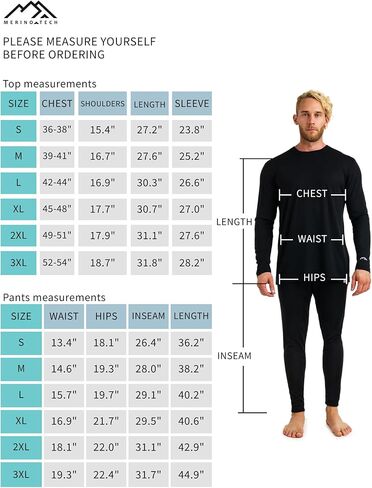 Merino.tech Merino Wool Base Layer Mens Set - Lightweight Merino Wool Thermal Underwear For Men Top, Bottom in Saudi Arabia