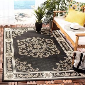 مجموعة SAFAVIEH Courtyard مقاس 8 × 11 بوصة أسود / رملي CY2914 داخلي/خارجي مقاوم للماء وسهل التنظيف في الفناء الخلفي ومنطقة الطين - سجادة