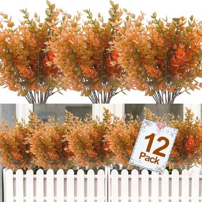 TURNMEON 12 Bundles Fall Artificial Flowers Outdoor UV Resistant Fake Fall Flowers Plants Fall Decorations Indoor, Faux Plastic Eucalyptus Greenery Shrubs Autumn Home Thanksgiving Decor(Color Mix)