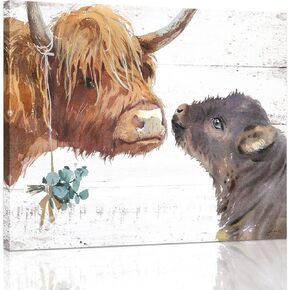 Farmhouse Highland Cow Wall Art: Rustic Milk Cow Picture for Country Kitchen Home Decor Black White Cow Family Poster Canvas Print for Bathroom Bedroom 15x12"