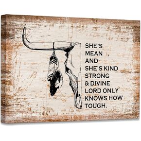 WODMIS Cow Skull Wall Decor, Vintage Western Cow Picture Framed Canvas Wall Art, Western Room Decor for Teen Girls Canvas Wall Art Home Farmhouse Decorations Bedroom Living Room Wall Decor 11x14