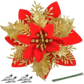 عيد الميلاد البونسيتة الزهور الاصطناعية الزينة 5.5 "شجرة عيد الميلاد اكاليل الزهور الديكور 12 جهاز كمبيوتر شخصى بريق الزهور يختار ديكور لعيد الميلاد السنة الجديدة حفل زفاف الحلي (أبيض)