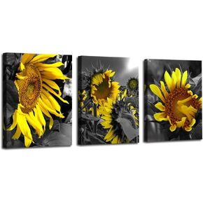 Arjun Sunflowers Canvas Wall Art Yellow Flowers Pictures Modern Florals Black and White Painting Framed for Bathroom Bedroom Kitchen Dinning Room Living Room Home Office Wall Décor, 12"x16"x3 Panels