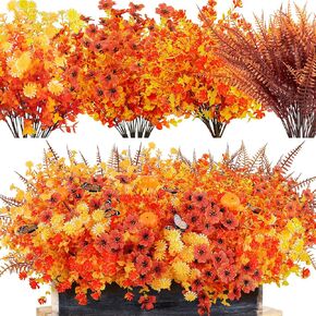 Winrain 30PCS Fall Artificial Fake Flowers Plants Outdoor - Faux Thanksgiving Decorations for Home Autumn Outside Patio Front Porch Decor with Pumpkin Butterfly