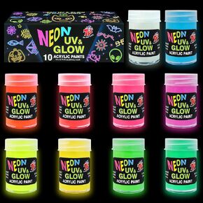 TBC The Best Crafts Glow in the Dark Paint, Set of 10 Colors, 22 ml / 0.74 oz,DIY Glow Party Supplies, Non-toxic, UV Acrylic Paint Suitable for DIY creation, graffiti, party, Christmas, Halloween