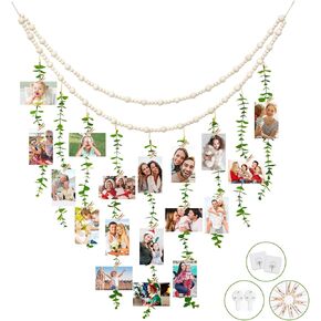 ERUOAEY Hanging Photo Display Wall Decor, Wooden Beads Garland Artificial Eucalyptus Plant Boho Wall Decoration with Wooden Clips for Bedroom, Bathroom, Living Room, Office, Home, Wedding