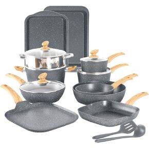 DishDelight 17 Piece Nonstick Pots and Pans Set, Induction Nonstick Kitchen Cookware Set, Nonstick Frying Pan Set, Gray