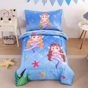 Wowelife 4 Piece Mermaid Toddler Bedding Set for Girls Scale Toddler Bed Sets Purple Blue Mermaid Scale Bed-in-a-Bag, Super Soft and Comfortable for Kids