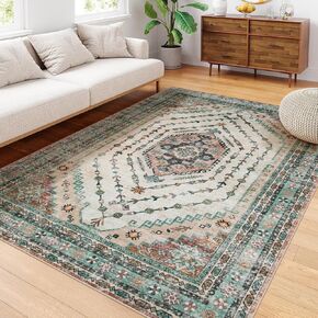 Seavish Machine Washable Area Rug 8x10, Vintage Boho Green Area Rug for Living Room Non Slip, Soft Large Rugs for Bedroom No Shedding, Distressed Oriental Neutral Rug for Dining Room