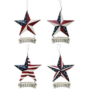 Metal Barn Star Welcome Sign Patriotic Decor Hanging American Flag Plaque Wall Art USA Porch Window Ornament Front Door Wreath Decoration for July 4th Independence Day Memorial Day Party (D)
