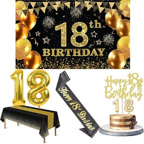 18th Birthday Decorations for Boys Girls with 18th Birthday Banner, Black and Gold Table Cloth, 18 Number Balloons, 18th Birthday Sash, 18th Birthday Cake Topper and 18th Birthday Candles