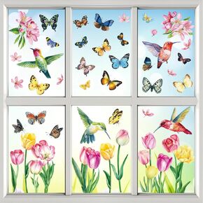 Konsait 8 Sheets Spring Window Clings for Glass Windows, Large Removable Spring Window Decals, Colorful Butterfly Hummingbird Flower Window Clings, Spring Window Decorations