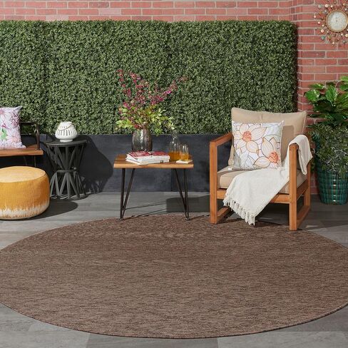 Nourison Practical Solutions Outdoor Mocha 8' x Round Area - سجادة، سهلة التنظيف، لا تساقط، غرفة النوم، غرفة المعيشة، غرفة الطعام، السطح، الفناء الخلفي، الفناء (8 دائرية) in Kuwait