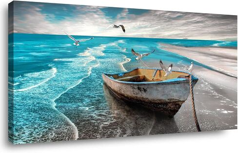 الشاطئ صورة قماش جدار الفن يطبع أبيض وأسود موجات المناظر البحرية Paintigns ديكور المنزل قارب طيور النورس المحيط المناظر الطبيعية لغرفة المعيشة غرفة نوم الحمام الديكور المناظر الطبيعية الأعمال الفنية 20x40 بوصة in Kuwait