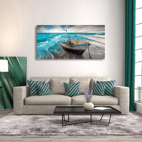 الشاطئ صورة قماش جدار الفن يطبع أبيض وأسود موجات المناظر البحرية Paintigns ديكور المنزل قارب طيور النورس المحيط المناظر الطبيعية لغرفة المعيشة غرفة نوم الحمام الديكور المناظر الطبيعية الأعمال الفنية 20x40 بوصة in Kuwait