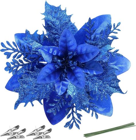 Christmas Poinsettia Artificial Flowers Decorations 5.5" Christmas Tree Wreaths Garland Decoration 12 Pcs Glitter Flowers Picks Decor for Xmas New Year Wedding Party Ornaments (White) in Saudi Arabia