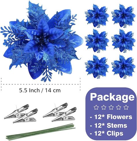Christmas Poinsettia Artificial Flowers Decorations 5.5" Christmas Tree Wreaths Garland Decoration 12 Pcs Glitter Flowers Picks Decor for Xmas New Year Wedding Party Ornaments (White) in Saudi Arabia