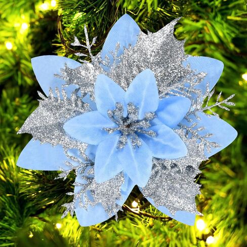 Christmas Poinsettia Artificial Flowers Decorations 5.5" Christmas Tree Wreaths Garland Decoration 12 Pcs Glitter Flowers Picks Decor for Xmas New Year Wedding Party Ornaments (White) in Saudi Arabia