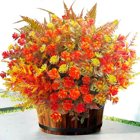 20 PCS Artificial Flowers for Outdoors, Artificial Plants Outdoor Fake Mums Fall Flowers UV Resistant, Outdoor Fake Plants Plastic Faux Flowers for Porch Window Box Garden (Orange Red) in Saudi Arabia