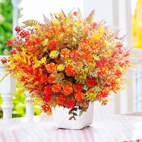 20 PCS Artificial Flowers for Outdoors, Artificial Plants Outdoor Fake Mums Fall Flowers UV Resistant, Outdoor Fake Plants Plastic Faux Flowers for Porch Window Box Garden (Orange Red) in Saudi Arabia